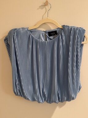 Vici Shimmery Sky-Blue Pleated Cap-Sleeve Blouse